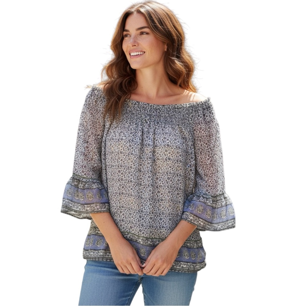 Beachlunchlounge Ruched from Boat Neck Blouse with Bell Sleeve size M